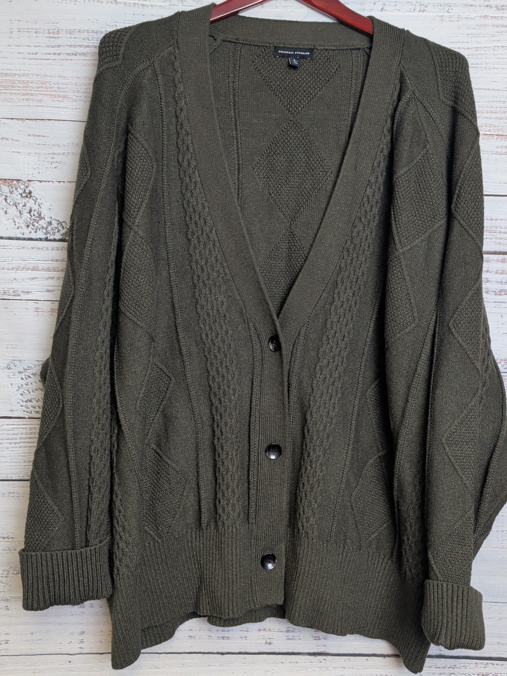 Universal Standard Cable Knit Button-Up Cardigan Grandpa Sweater Green Womens Lg